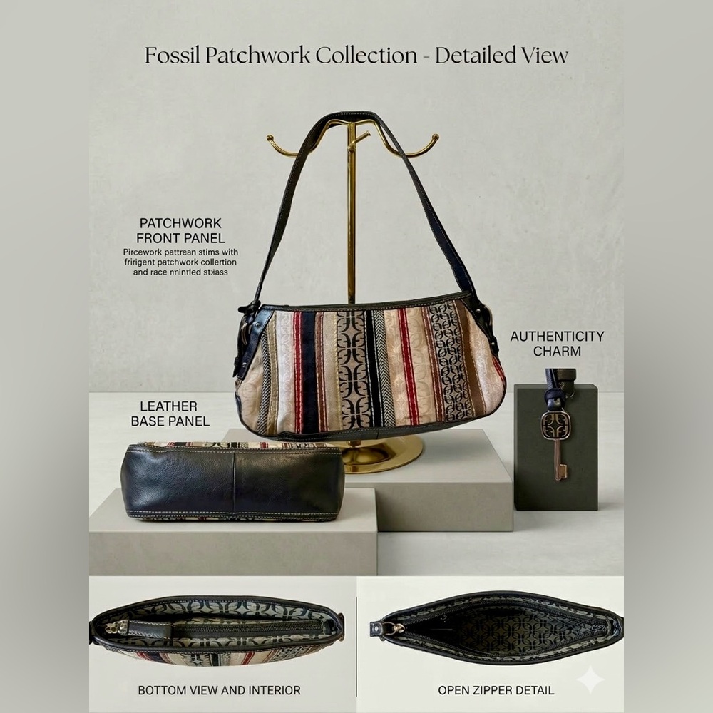 Vintage Fossil Patchwork Shoulder Bag | Y2K Boho Mixed Media Purse Black Leather